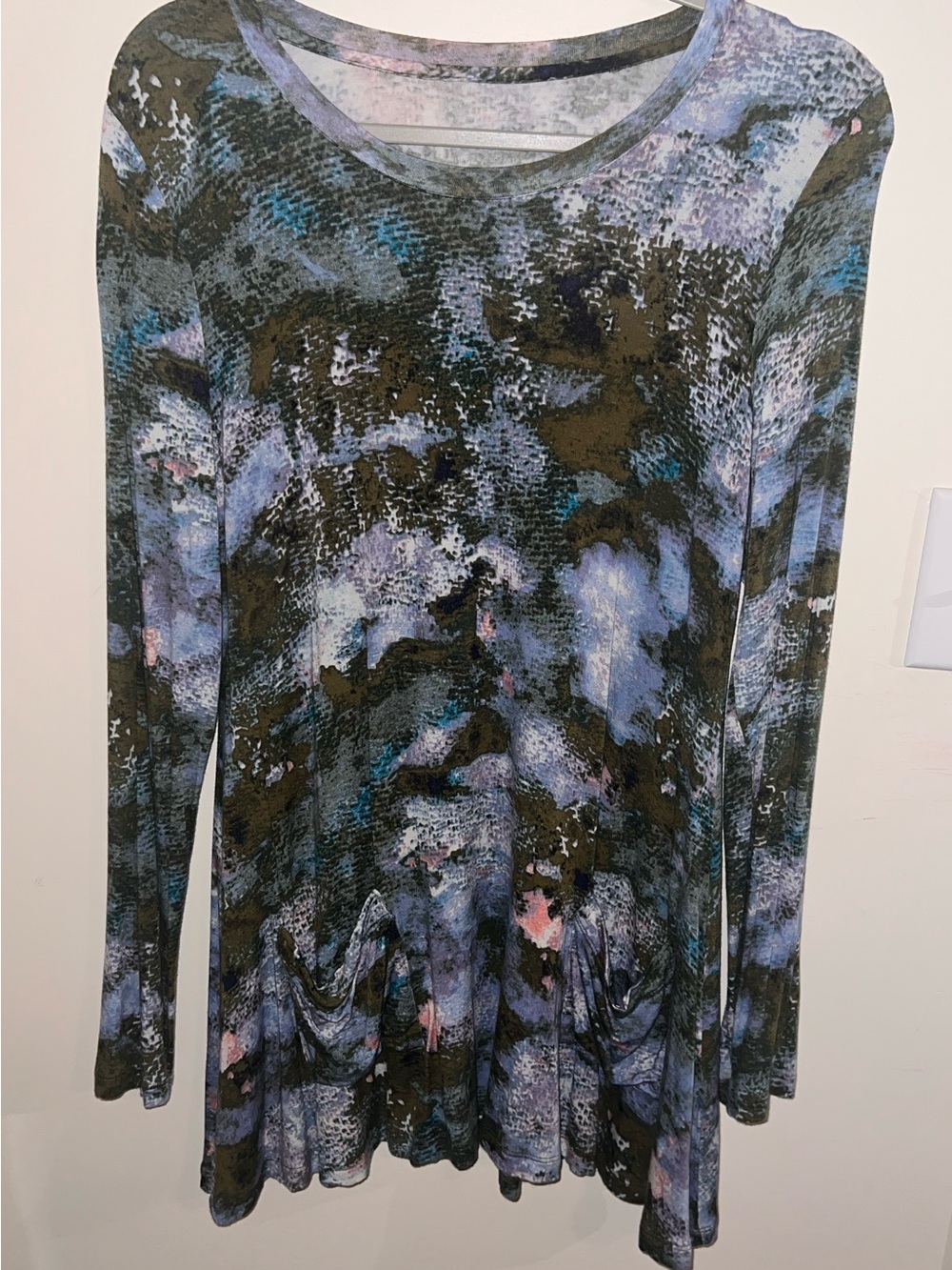 LOGO by Lori Goldstein Olive, Blue and Pink Long Sleeve Abstract Tunic Dress